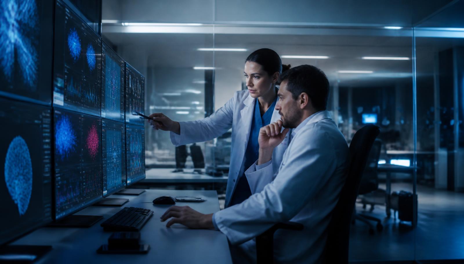 Researchers reviewing clinical outcome data on monitors
