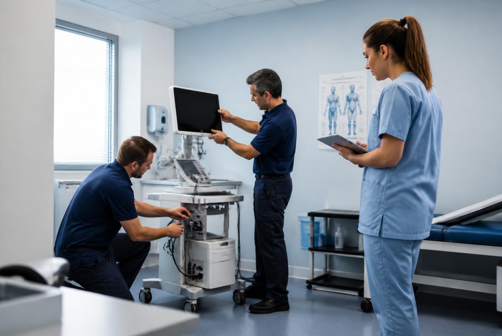 Technicians installing and calibrating assessment equipment in a clinic room while a nurse documents the handover