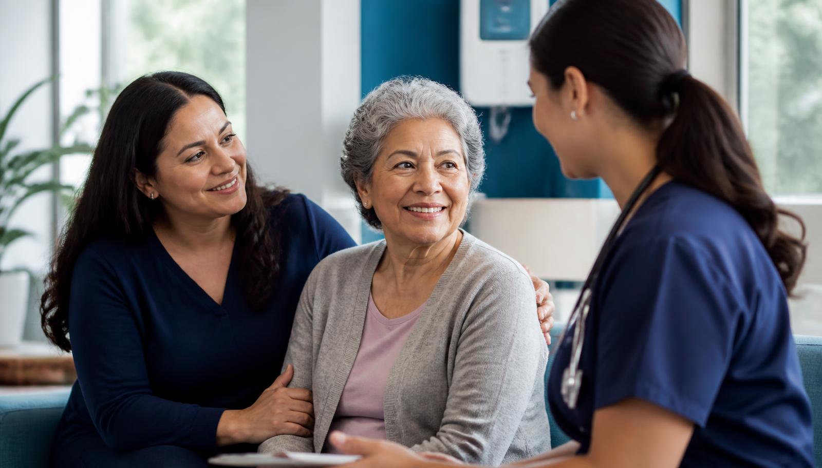Patient with family member and nurse in a bright clinic