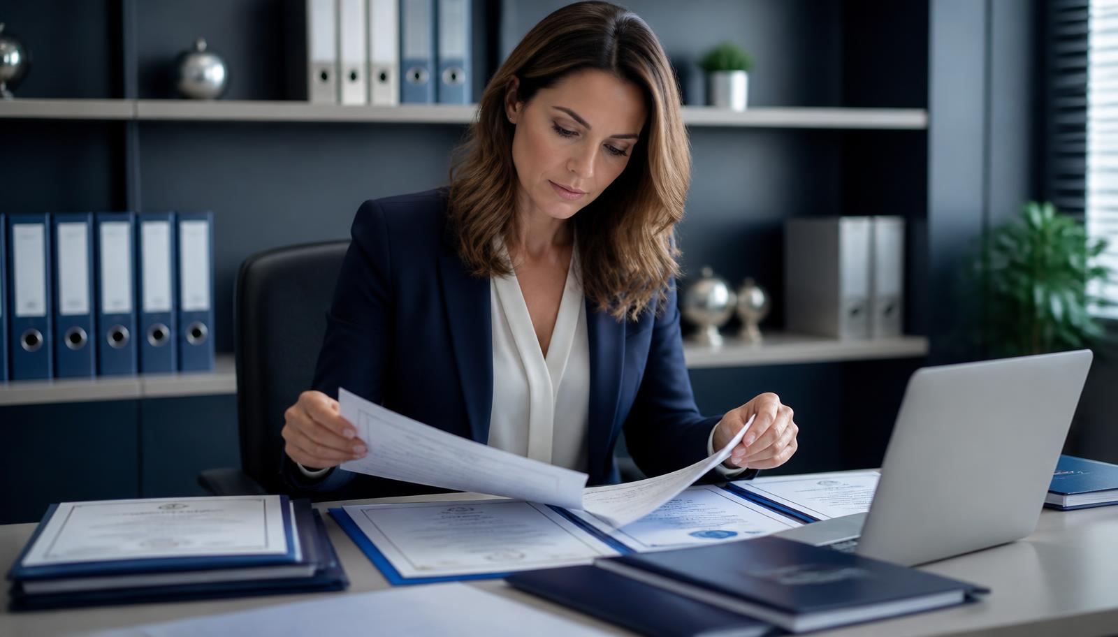 Regulatory affairs professional reviewing device compliance documentation