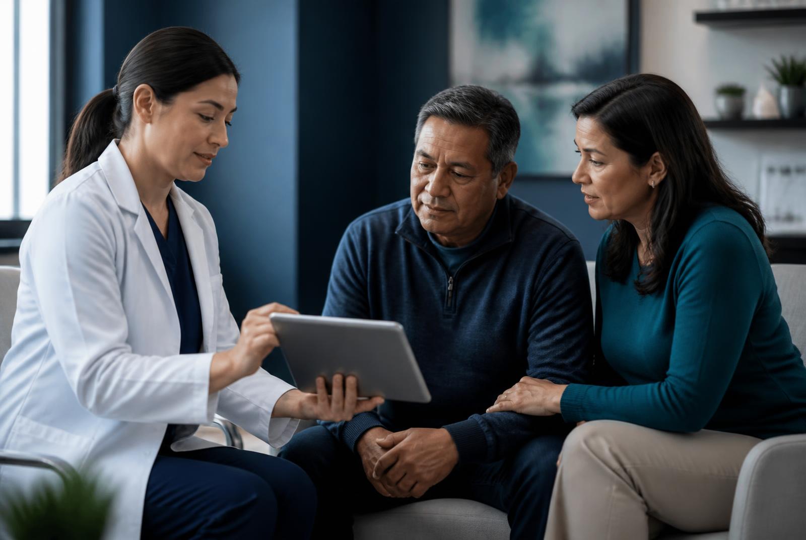 Clinician explaining assessment results on a tablet to a patient and a family member in a consultation room