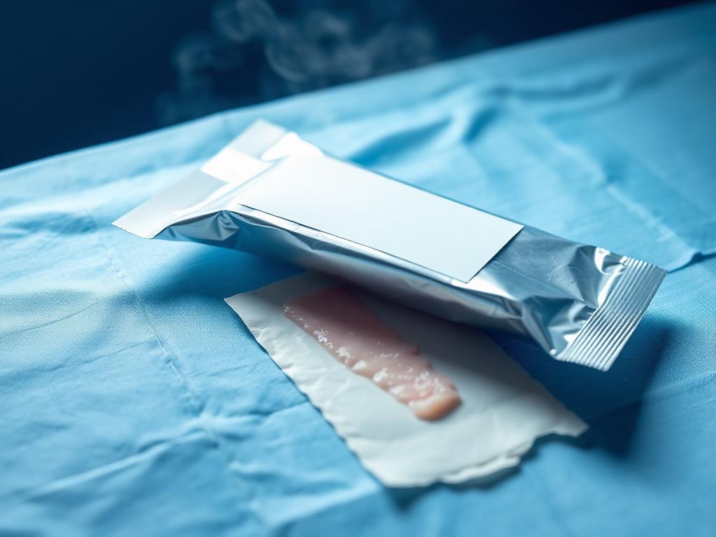 Illustrative image of a sterile allograft tissue pouch on a surgical drape