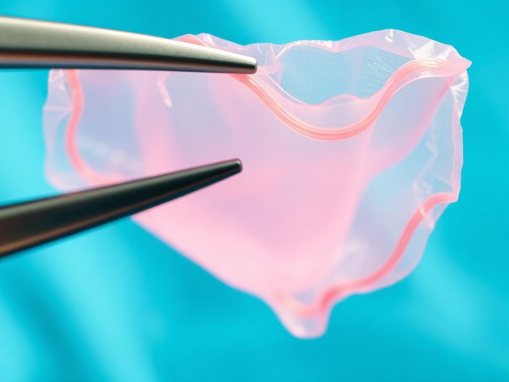Illustrative image of a translucent amniotic membrane sheet held with forceps