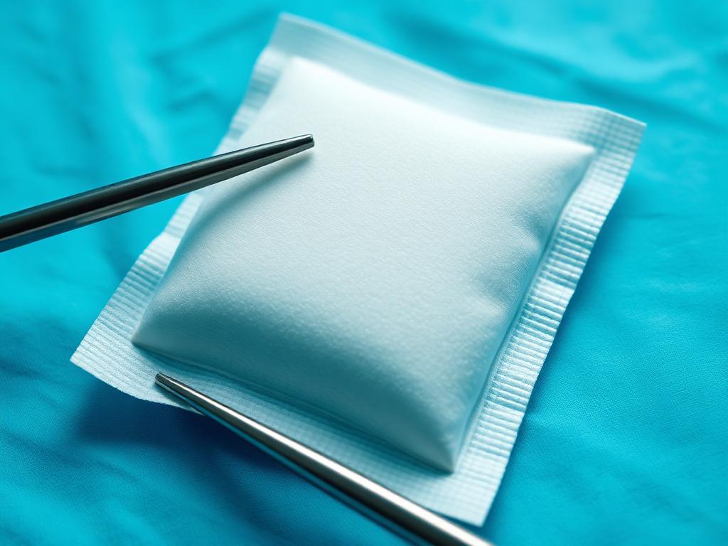 Illustrative image of a porous collagen matrix pad on a sterile field