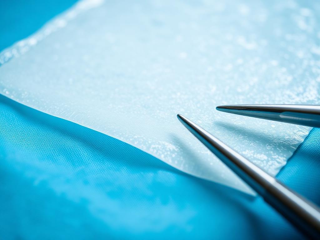 Illustrative image of a fibrous acellular fish skin graft sheet on a sterile drape