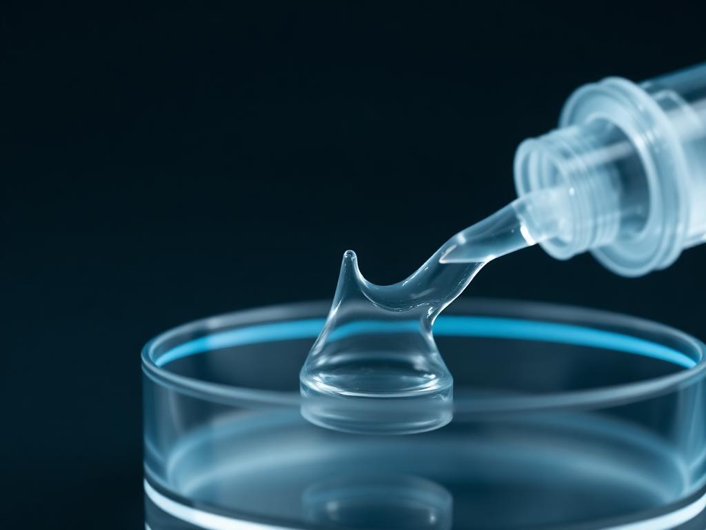 Illustrative image of a transparent hyaluronic acid gel strand from a sterile syringe