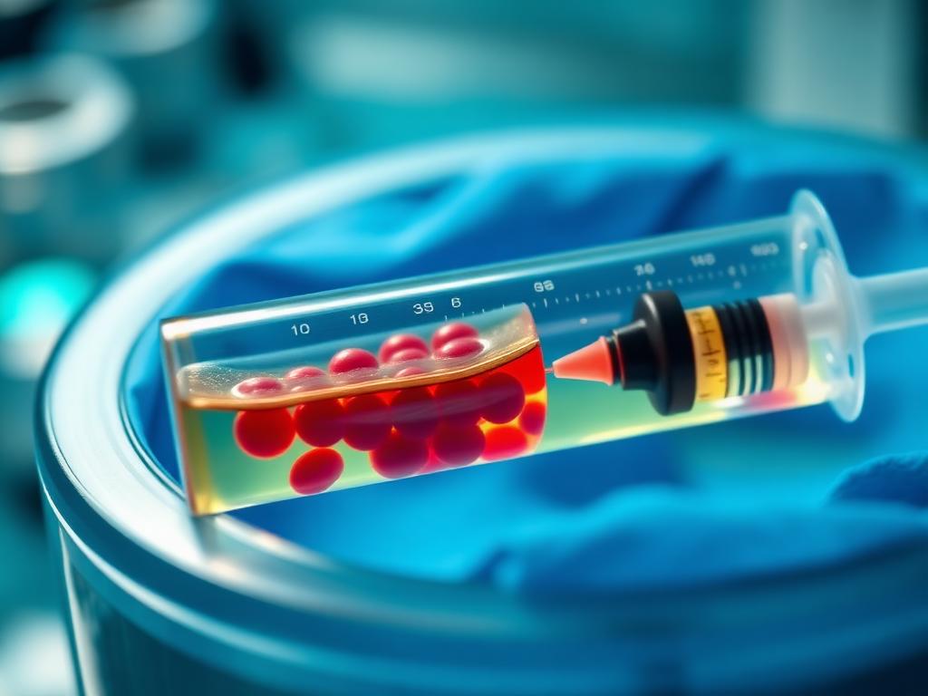 Illustrative image of a centrifuged blood tube with separated plasma layer and a sterile syringe