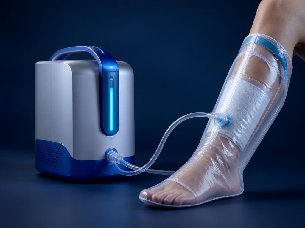 Illustrative image of a portable topical oxygen unit connected to a sealed limb wrap
