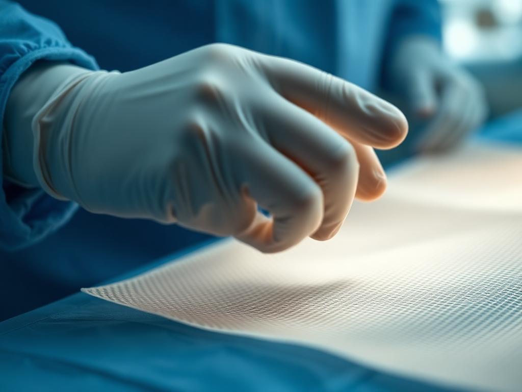 Illustrative image of an acellular dermal matrix mesh being handled with sterile gloves